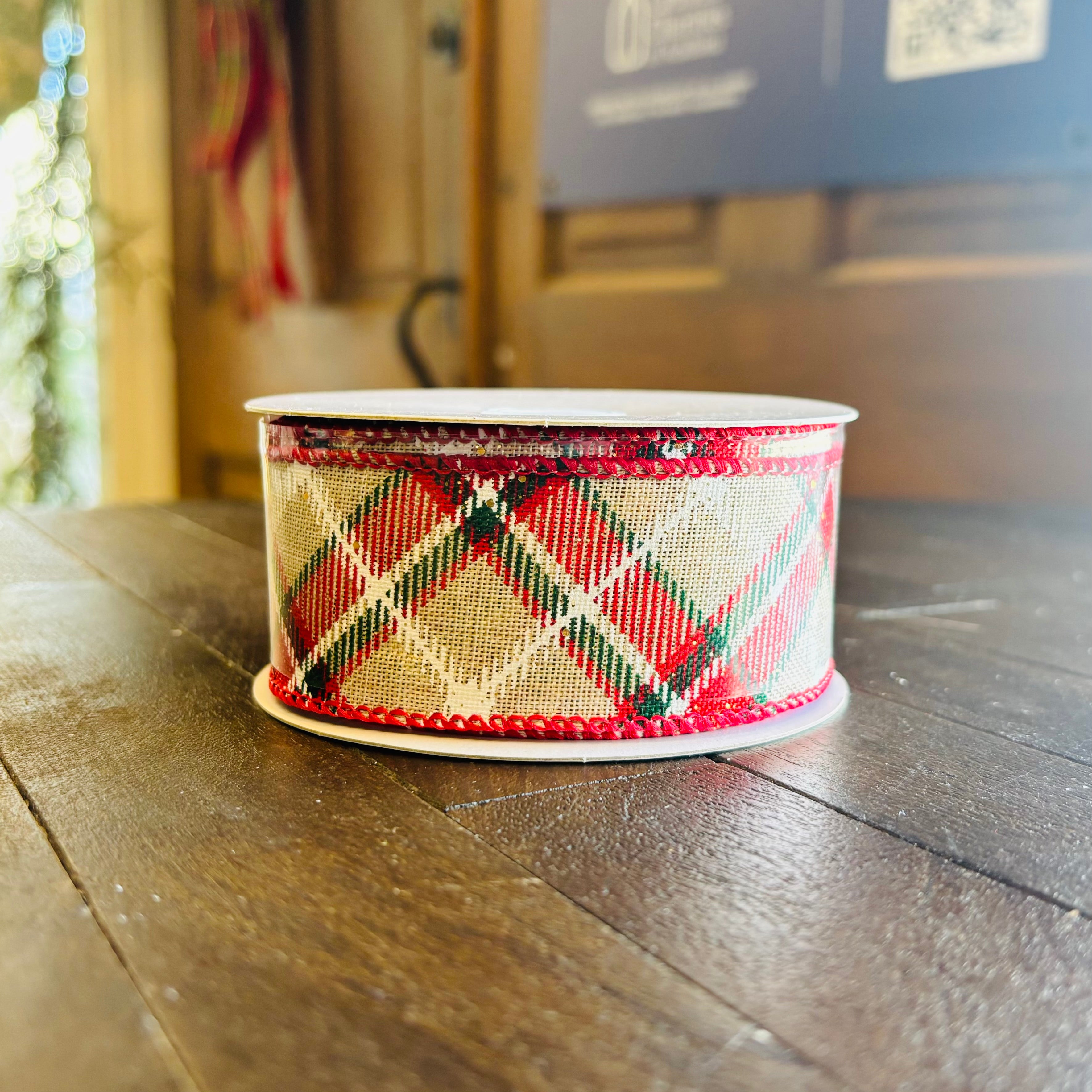 Natural Linen Red Green & White Argyle with Gold Glitter