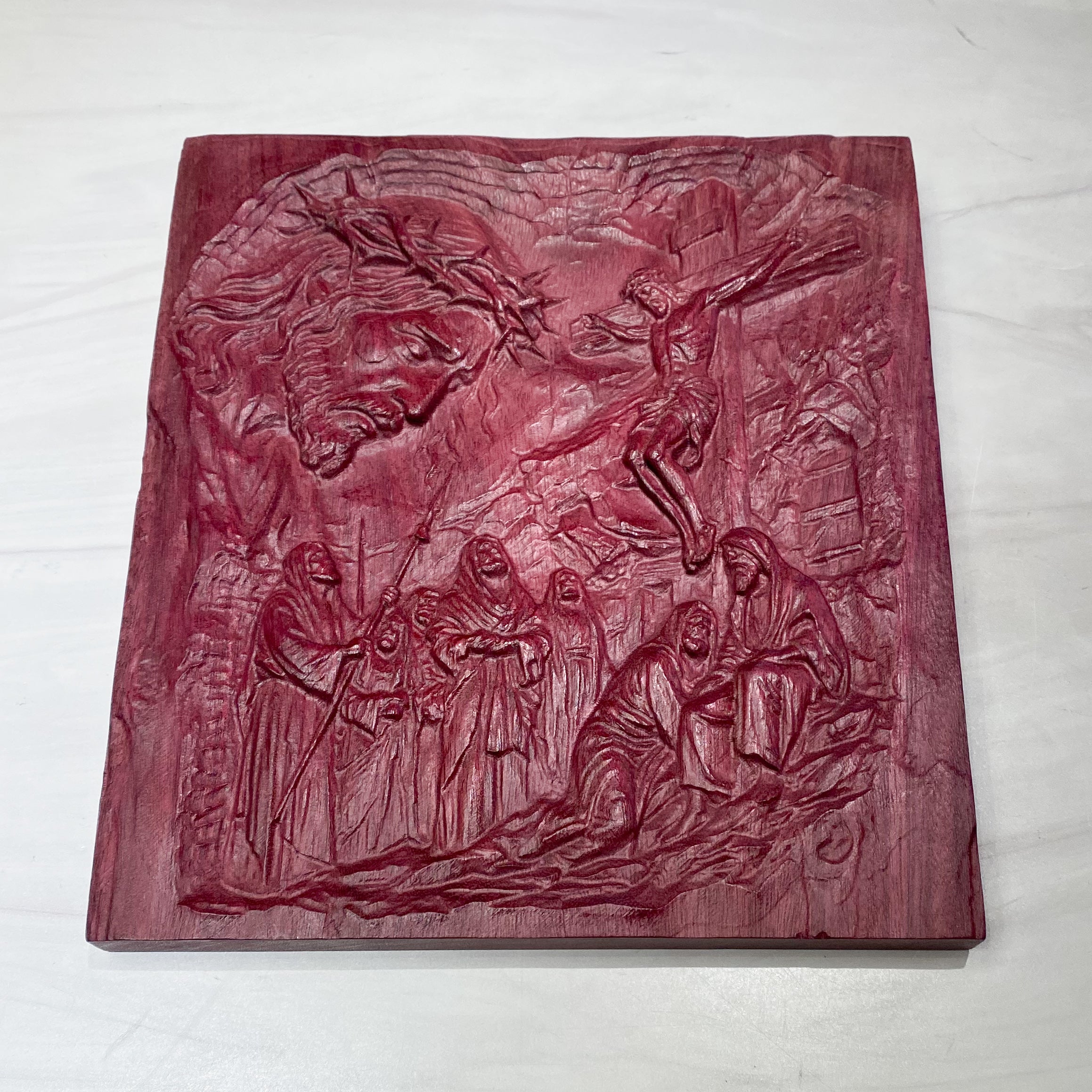 Crucifixion Scene Wooden Plaque apprx 8.75" x 9.5"
