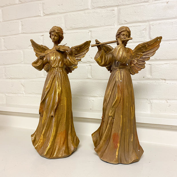 Set of 2 Gold Resin Vintage Angels Playing Flute &Violin
