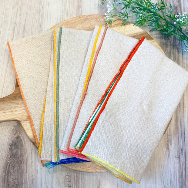 Woven Cotton Striped Napkins with Stitched Colored Trim, Set of 4