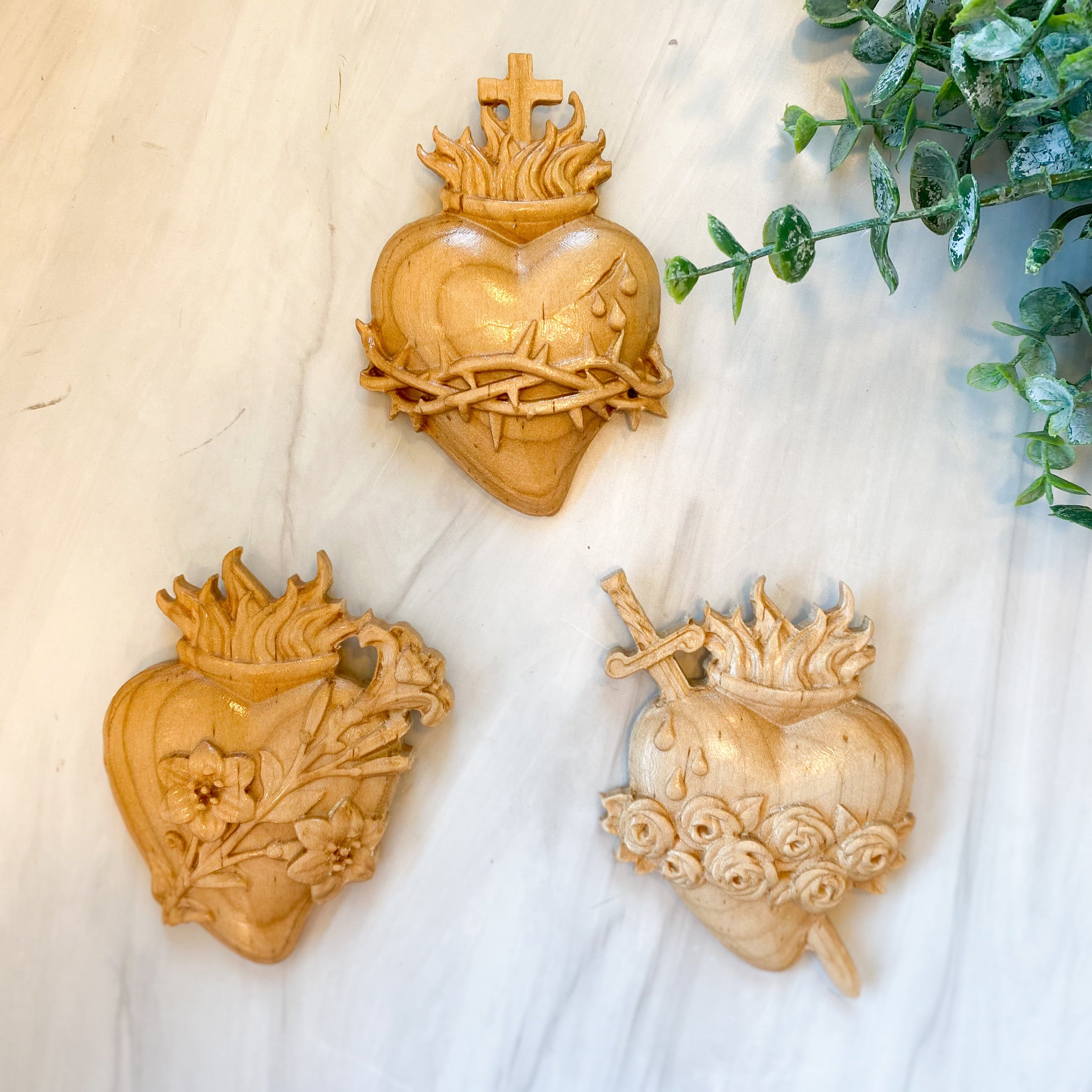 Three Hearts Wooden Engravings, Catholic Home Decor