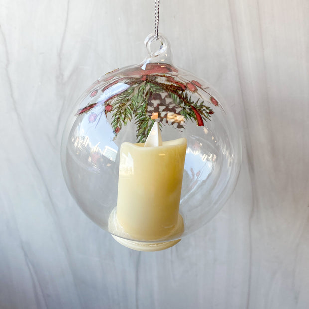 3.5 Inch LED Clear Glass Cardinal & Pinecone Ornament w/Timer