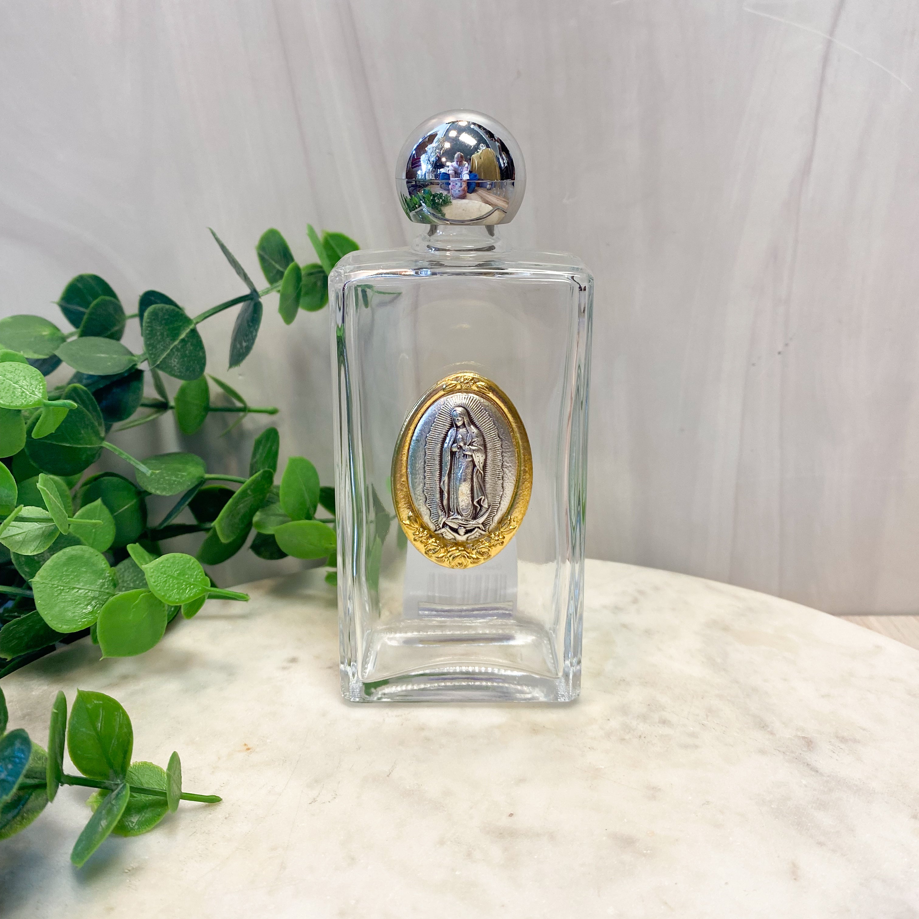 Glass Holy Water Bottle with Our Lady of Guadalupe