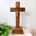 10" Walnut Standing Cross with Museum Gold Finish Corpus