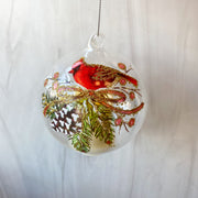 3.5 Inch LED Clear Glass Cardinal & Pinecone Ornament w/Timer