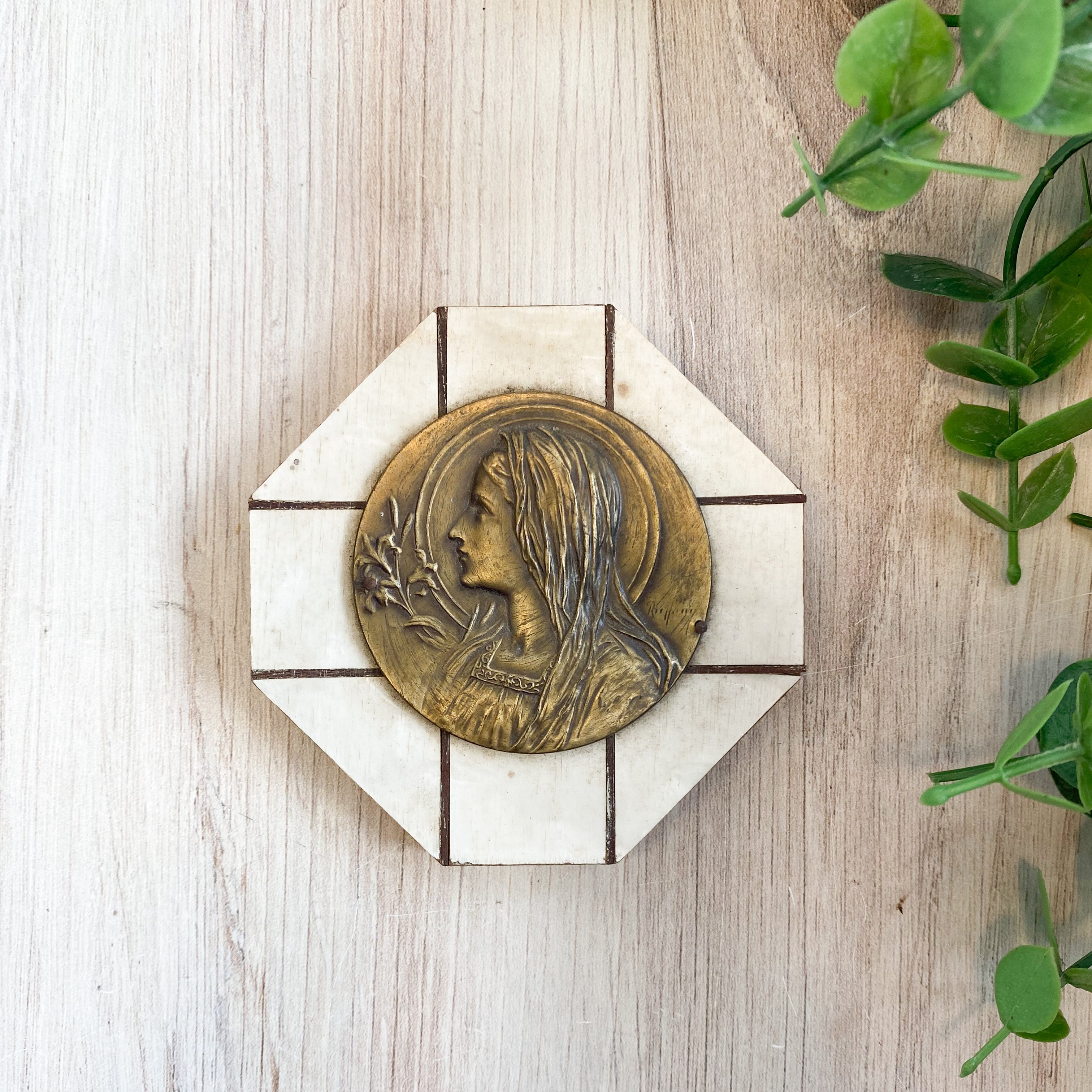 Antique French Virgin Mary Octagon Plaque