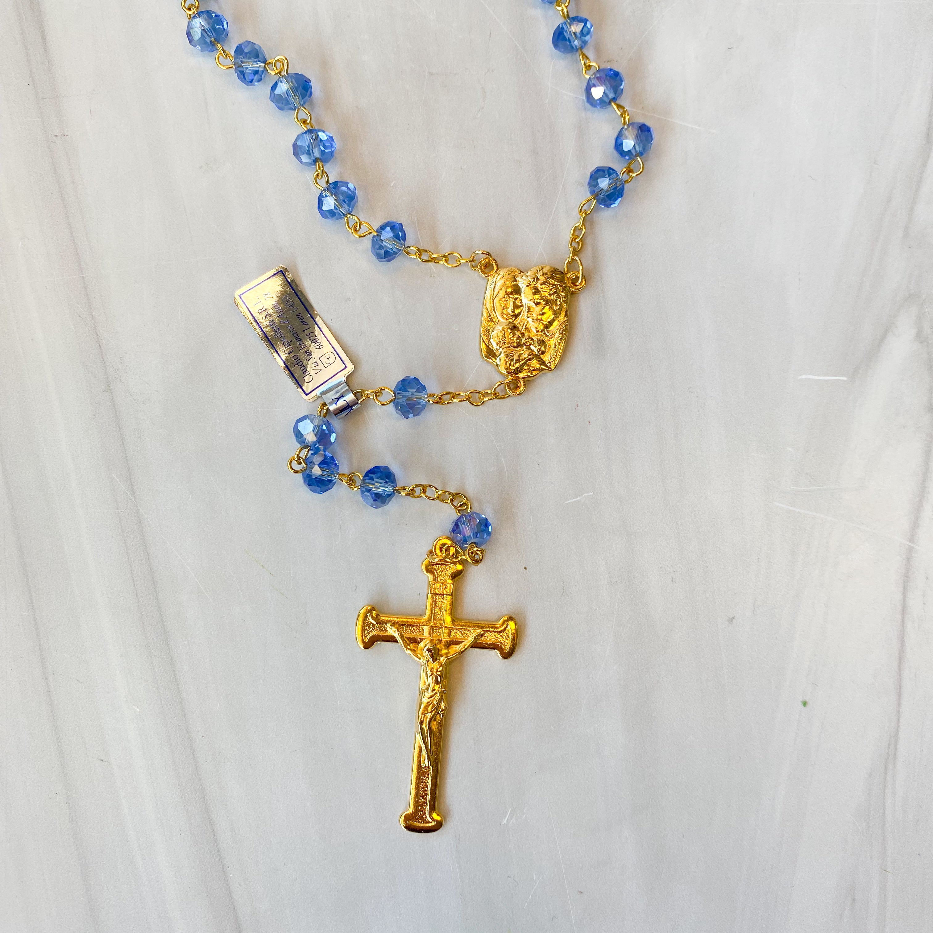 Sapphire Glass Bead Gold Tone Rosary, Boxed