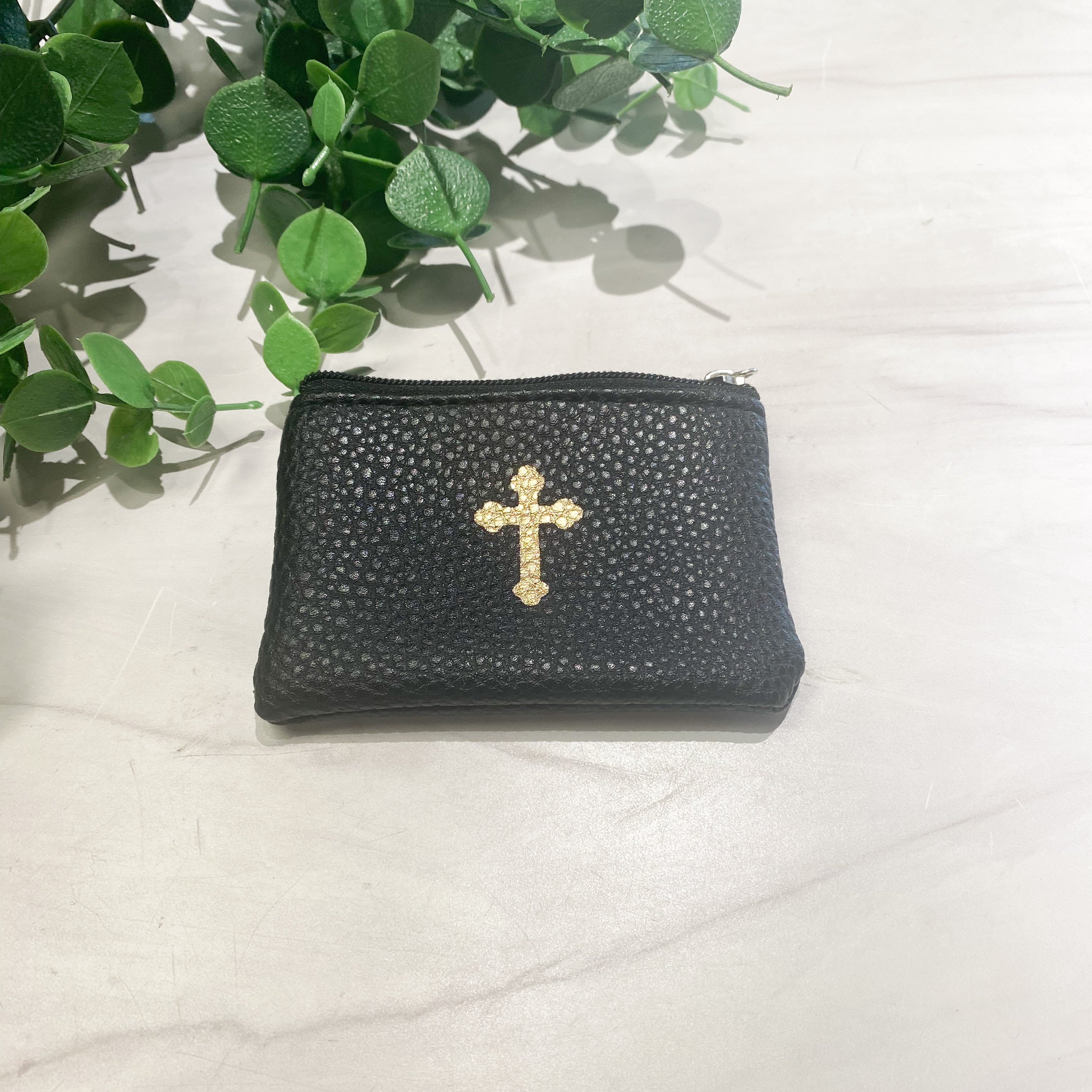 Black Leather Textured Zipper Rosary Pouch