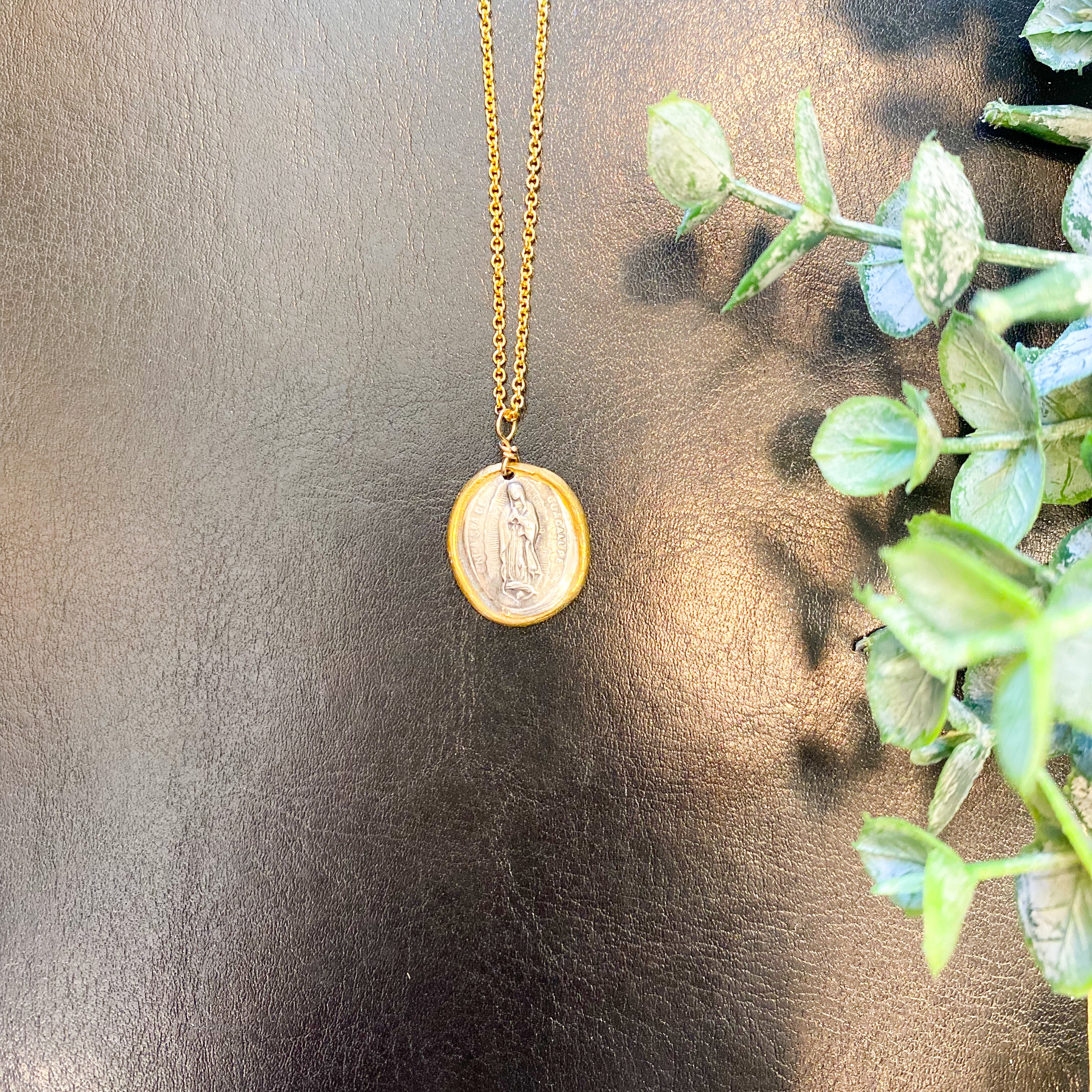 A-1440 Handcrafted Fine Silver Small Oval Our Lady of Guadalupe accented with 22k on Gold Filled Chain