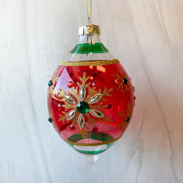Red and Green Snowflake Glass Ornament