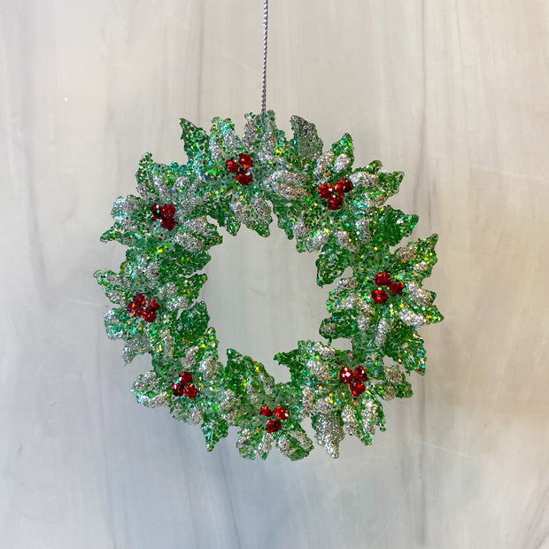 5.25" Glittered Holly Wreath Ornament