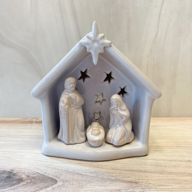 Stoneware Nativity Tealight Holder, White
