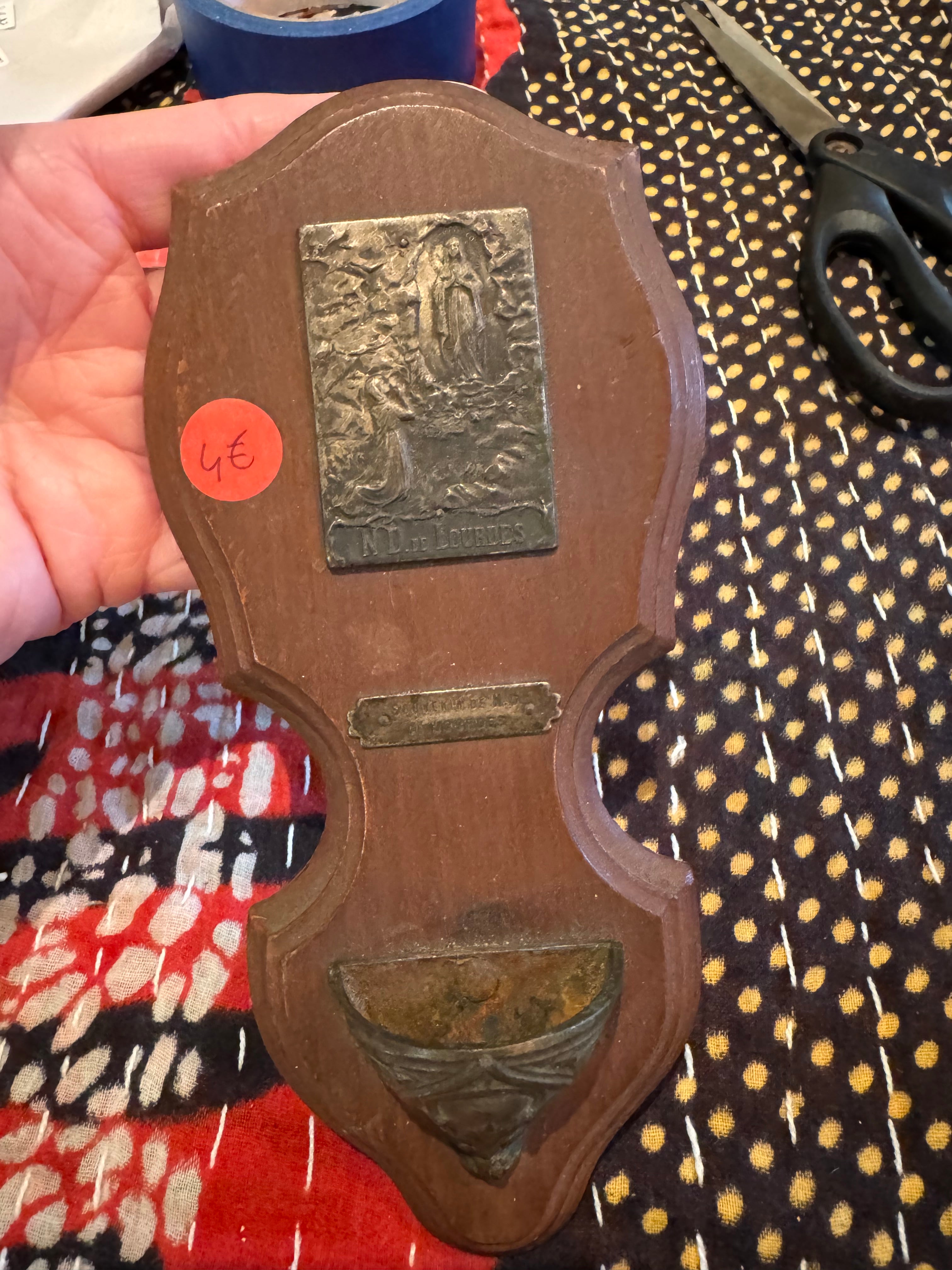 Antique French Wooden Our Lady of Lourdes Holy Water Font