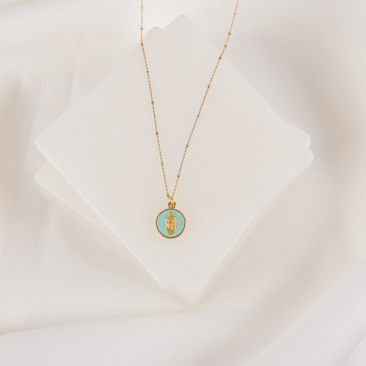 Our Lady of Guadalupe Necklace Gold/Light Blue