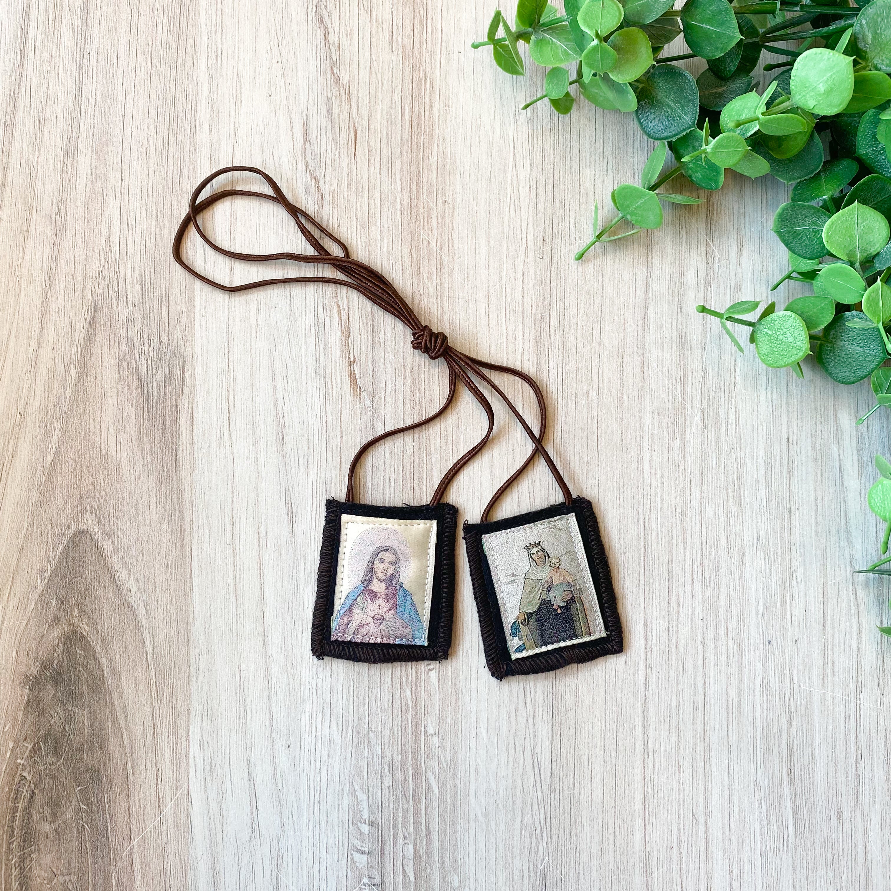 1 3/4" x 2" Sacred Heart and Our Lady of Mt. Carmel Genuine Brown Wool Scapular
