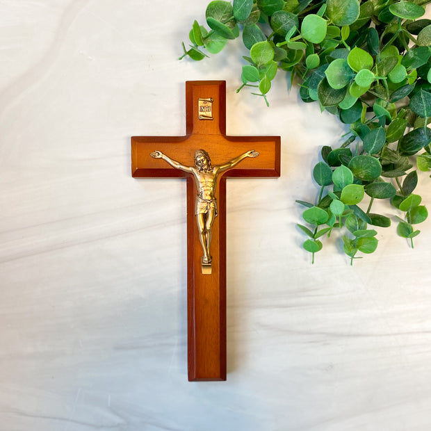 9" Two Tone Wood Cross with Museum Gold FInish Corpus