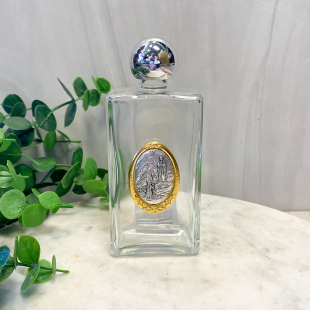 Glass Holy Water Bottle with Our Lady of Lourdes