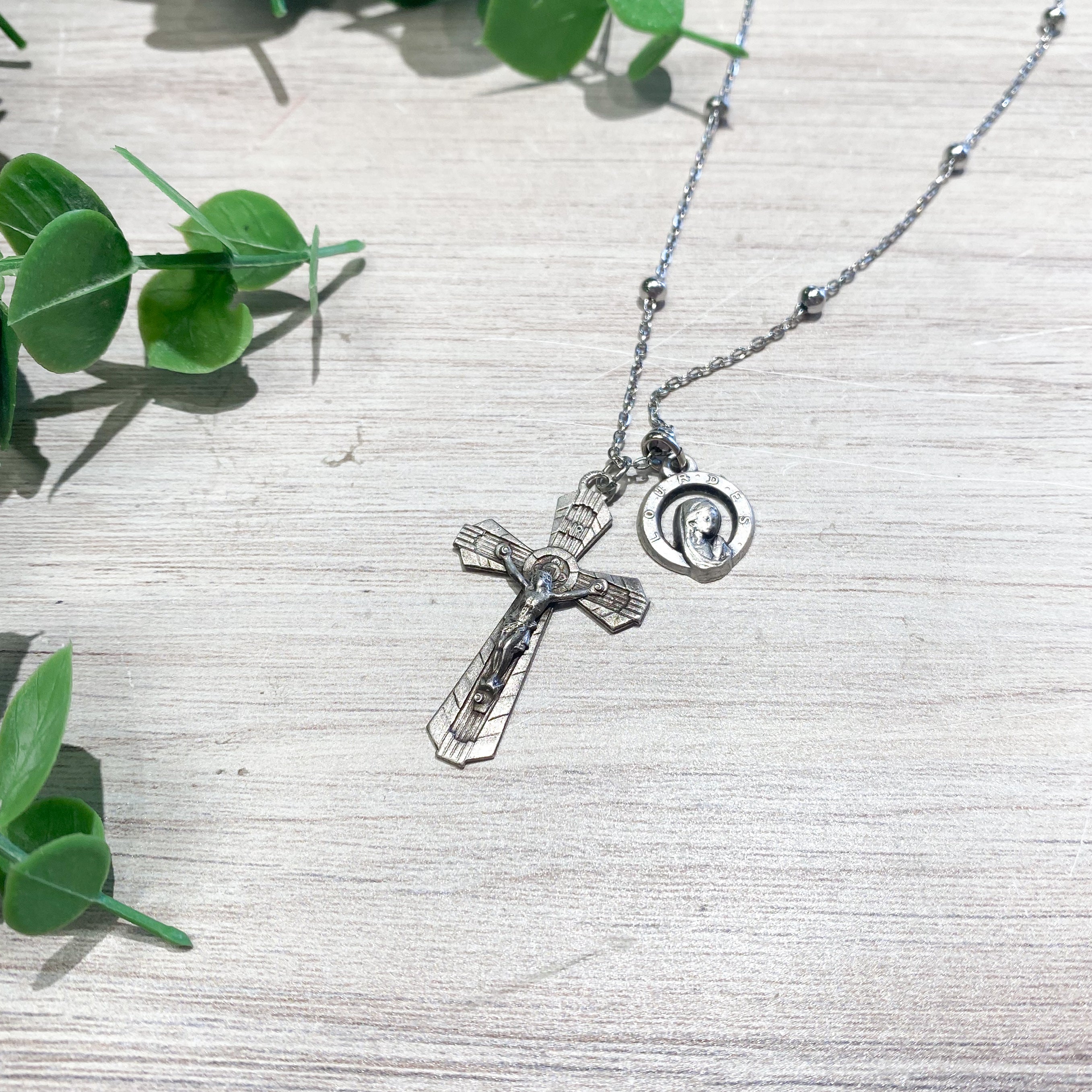 Vintage Silver Cross w Our Lady of  Lourdes Medal Necklace