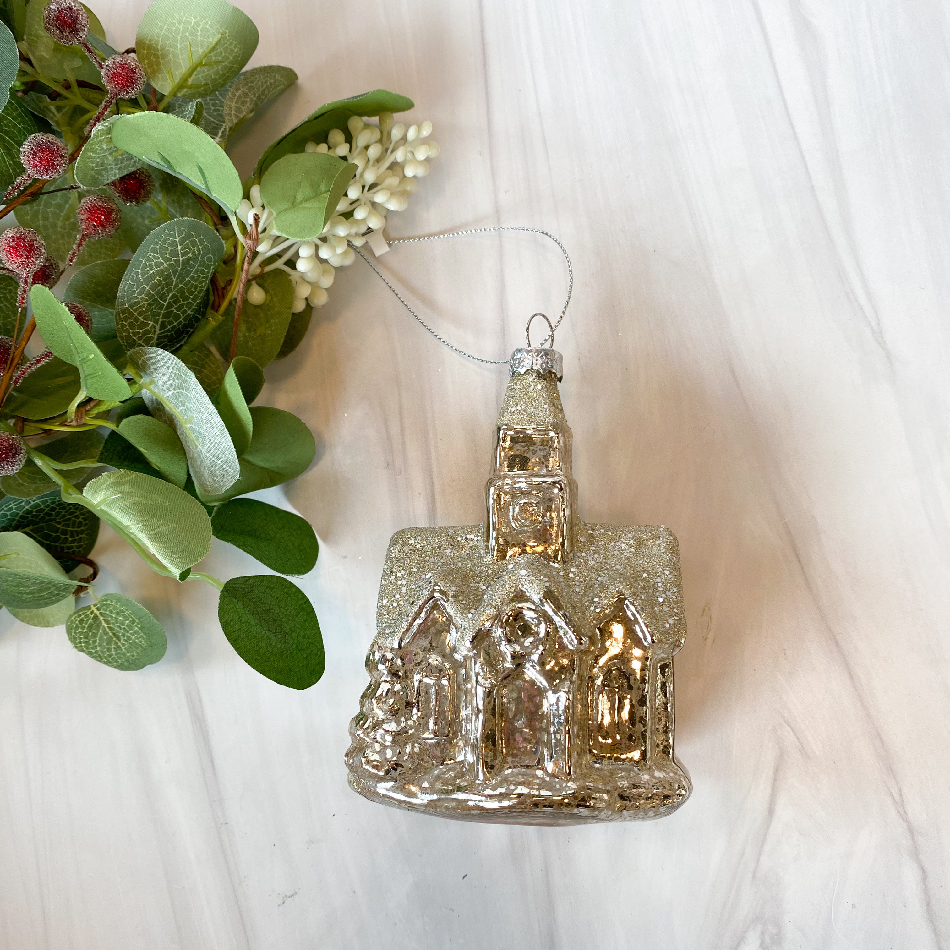 5 Inch Silver Mercury Glass Church Ornament