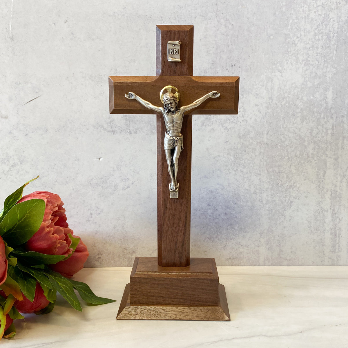 10" Walnut Standing Crucifix with a Silver Finish Italian Salerni Corpus