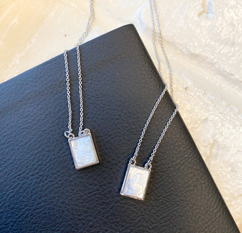 26" Infinity Scapular Necklace Mother of Pearl - Silver Border