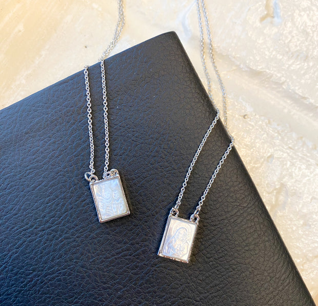 26" Infinity Scapular Necklace Mother of Pearl - Silver Border