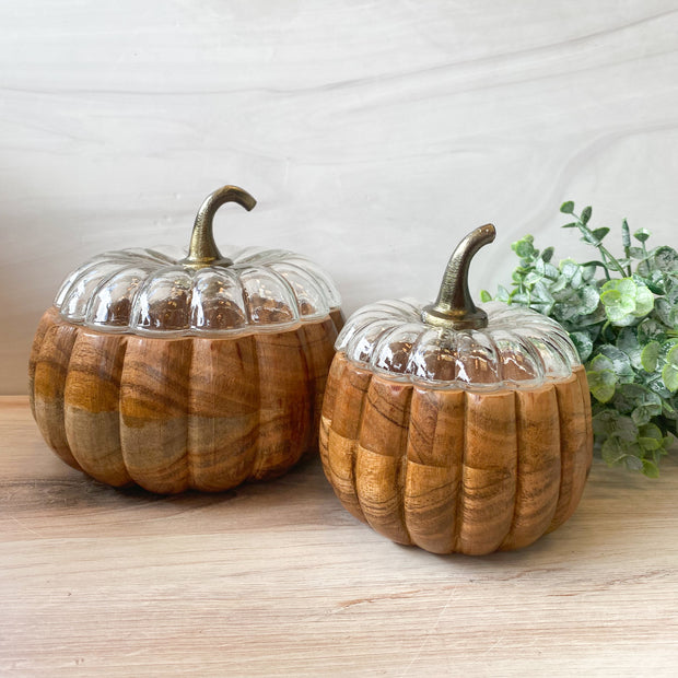 Acacia Wood Pumpkin Containers w/Glass Lid