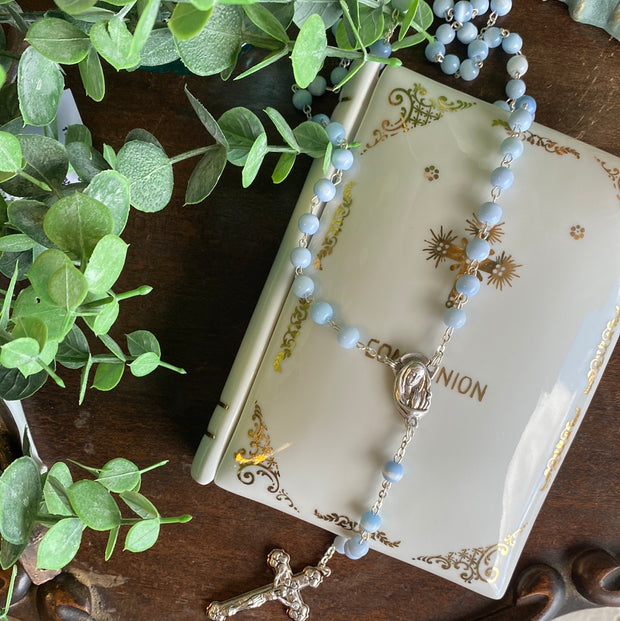 8mm Imitation Blue Mother of Pearl Blue Rosary in a Grey Velvet Box
