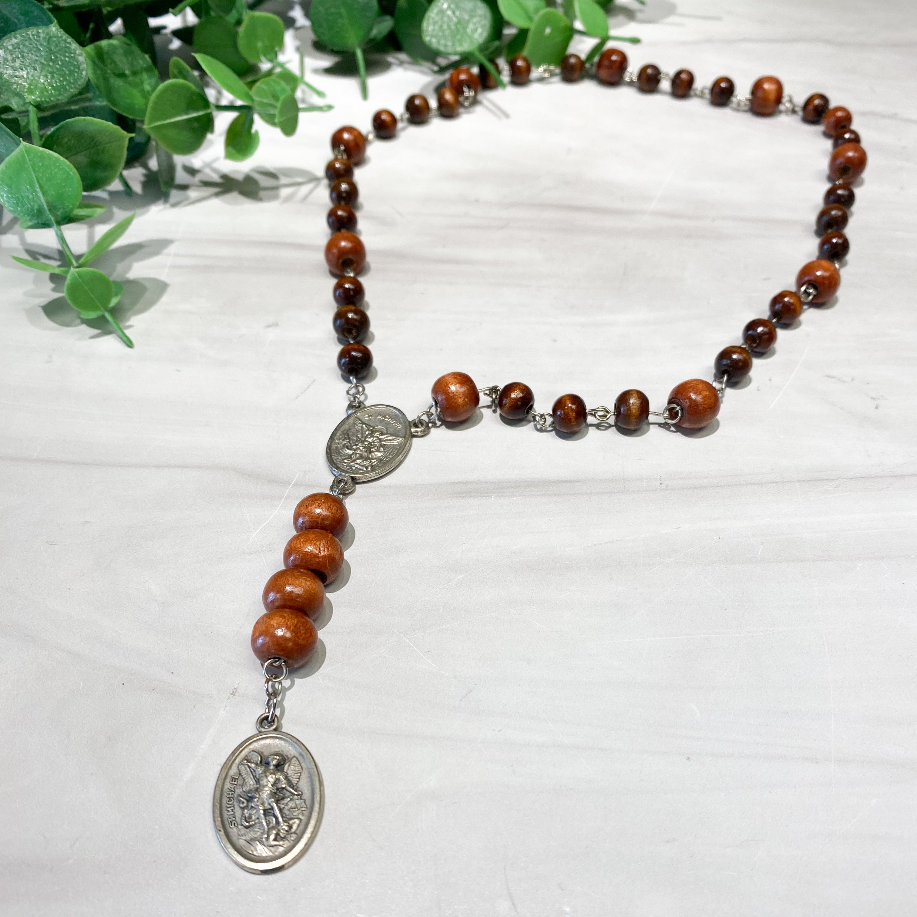 Brown Wooden Vintage St. Michael Rosary
