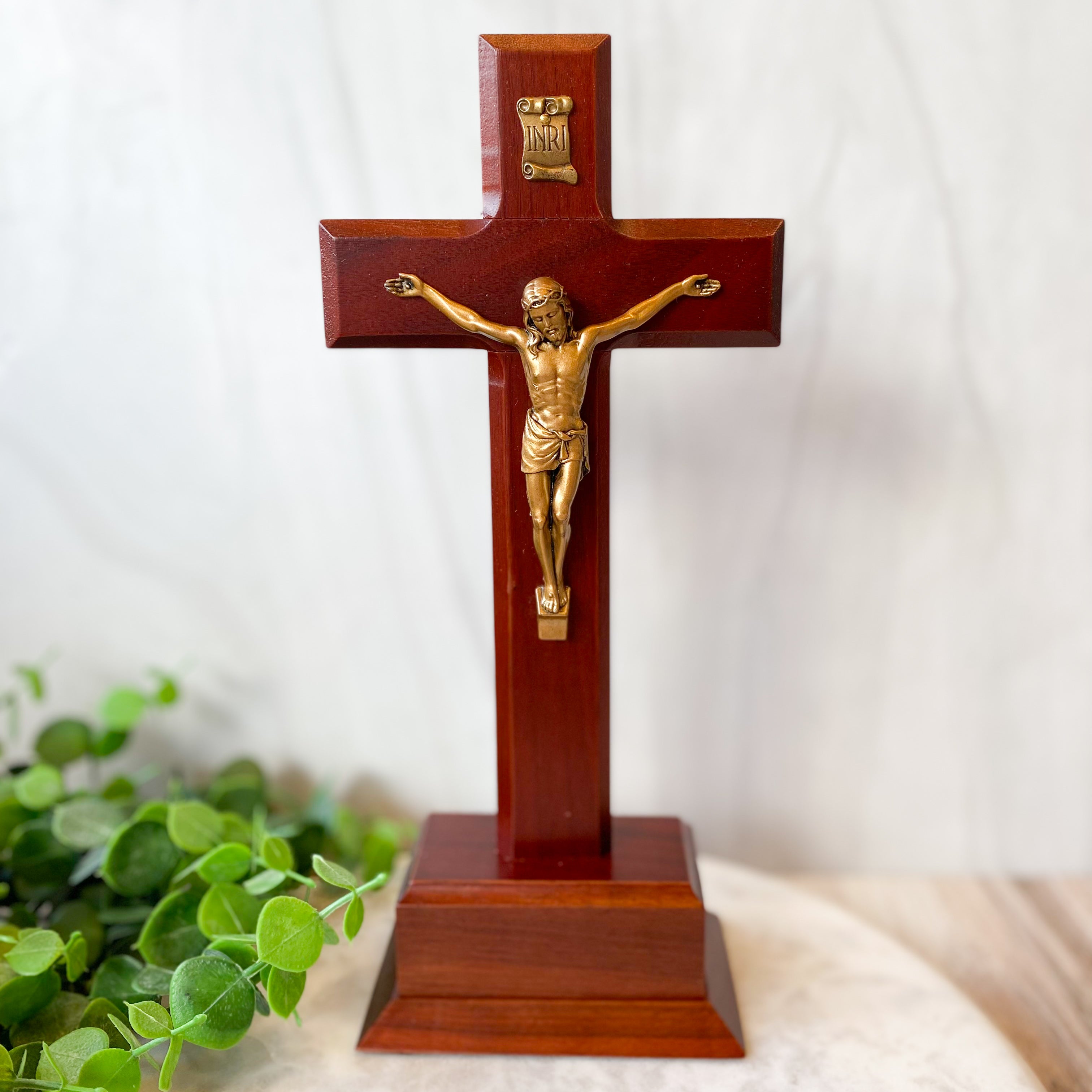 10" Standing Dark Cherry Wood Cross with Museum Gold Tone Corpus