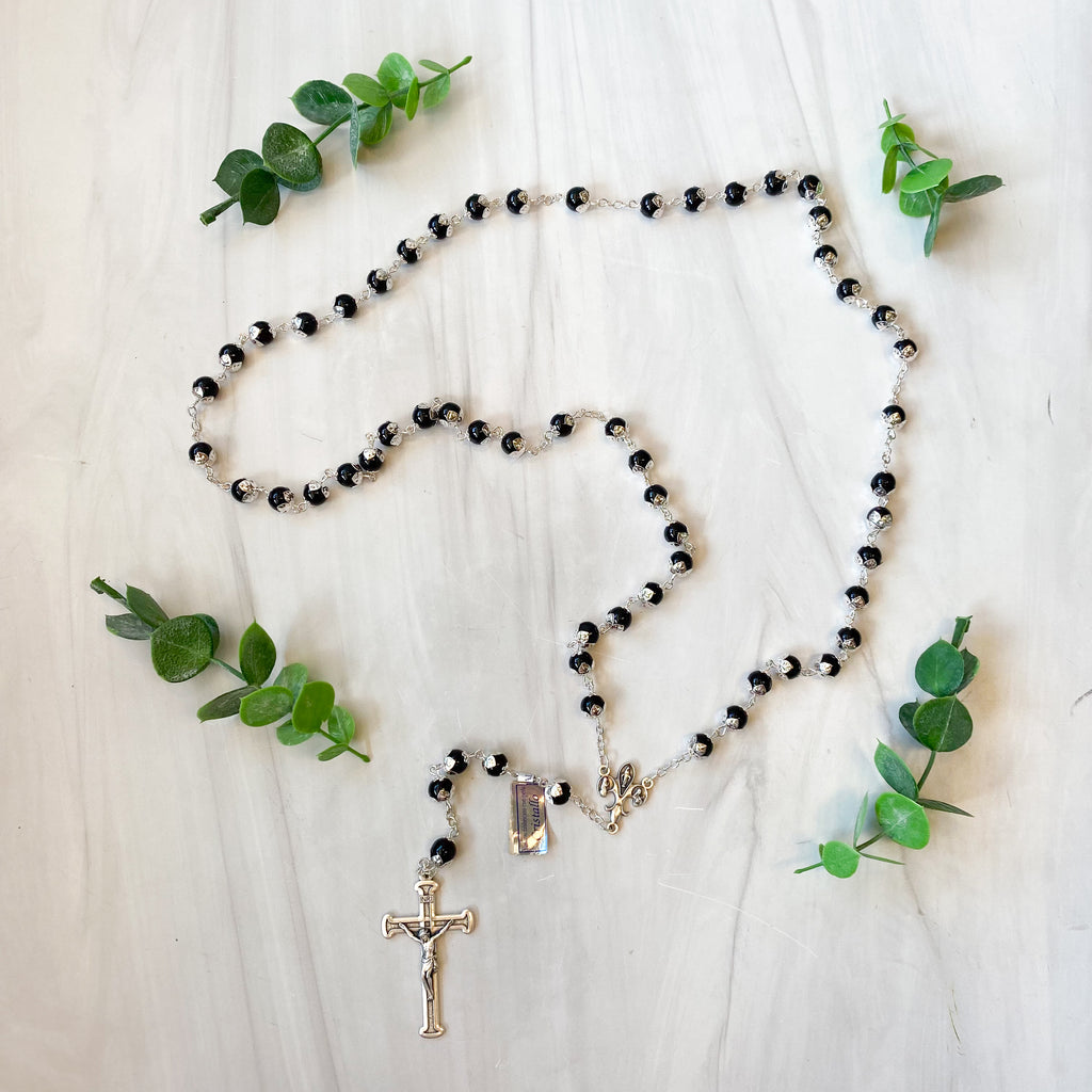 Tulip Capped Black Glass Bead Rosary, Boxed