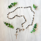Tulip Capped Black Glass Bead Rosary, Boxed
