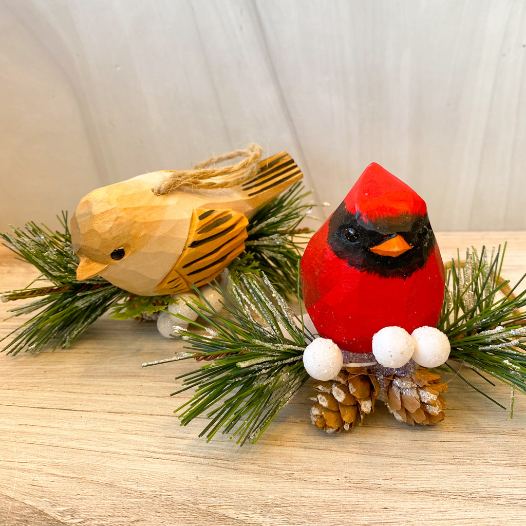 Wood Cardinal on Branch Ornament