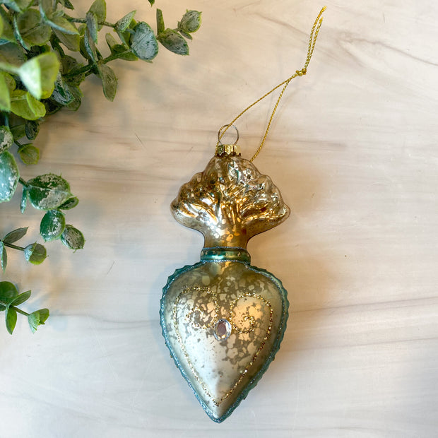 Glass Sacred Heart Ornament with Glitter