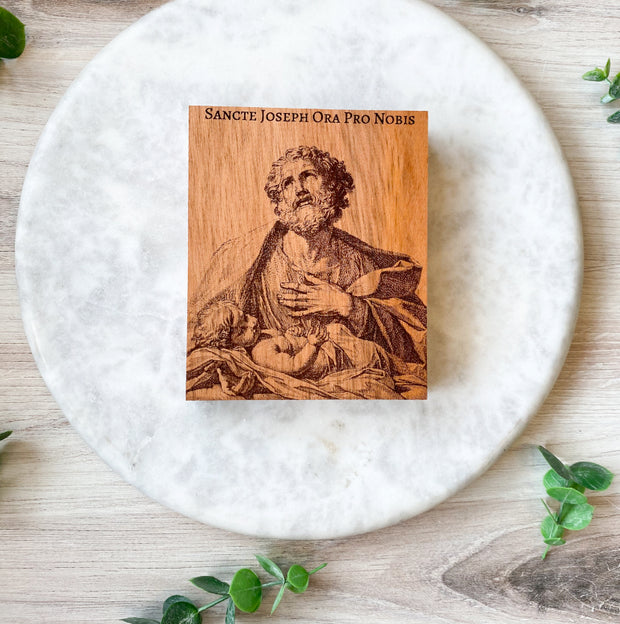 St. Joseph & Infant Jesus Engraved Plaque | Catholic Wood Art | Holy Family Devotional Gift