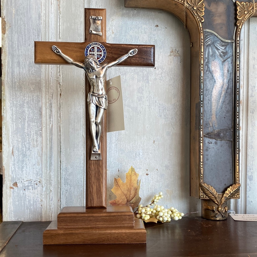 Standing St. Benedict Crucifix in Wood/Pewter Style 13.5"