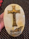 Antique French Oval Onyx Crucifixion Holy Water Font