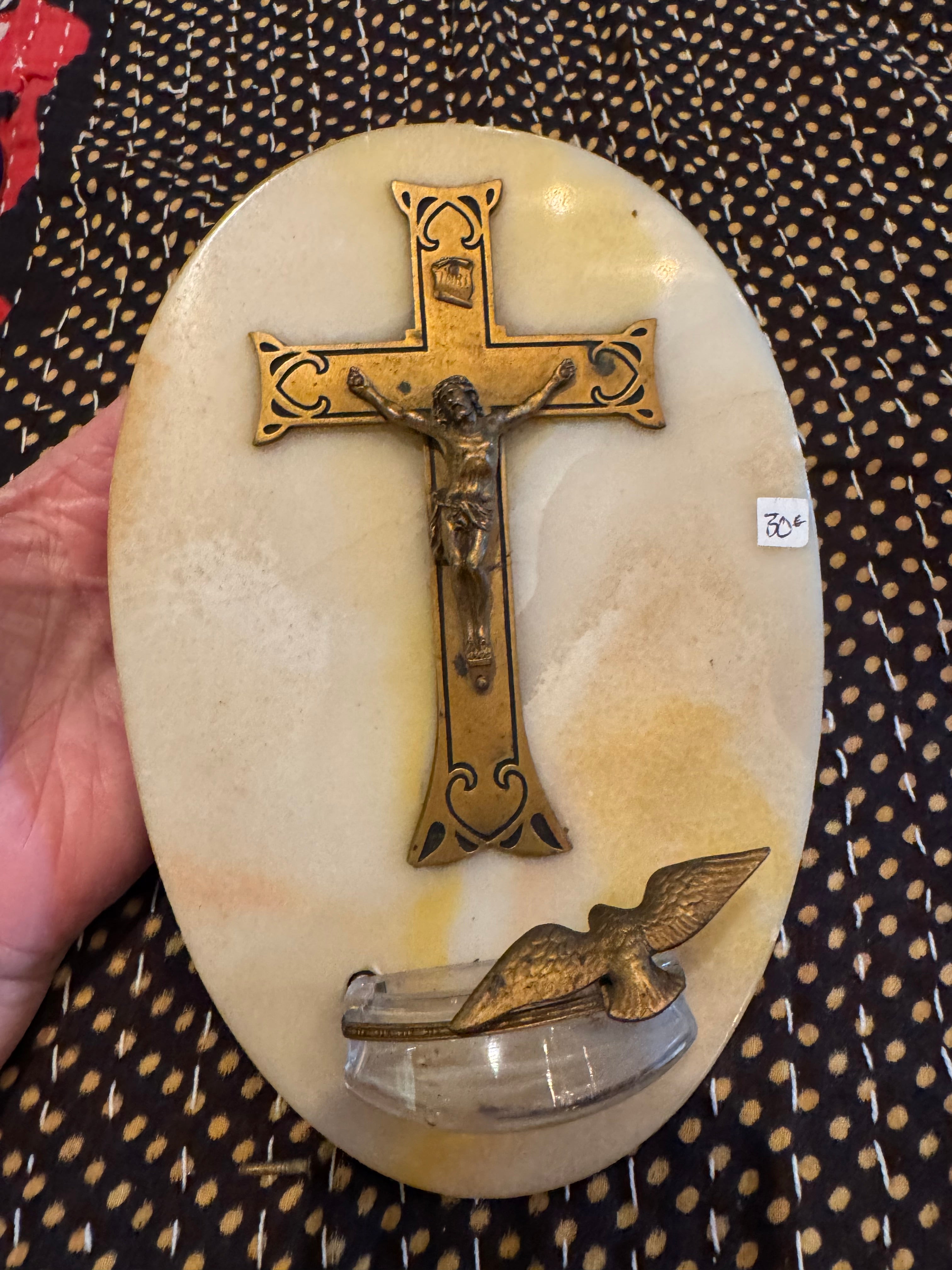Antique French Oval Onyx Crucifixion Holy Water Font