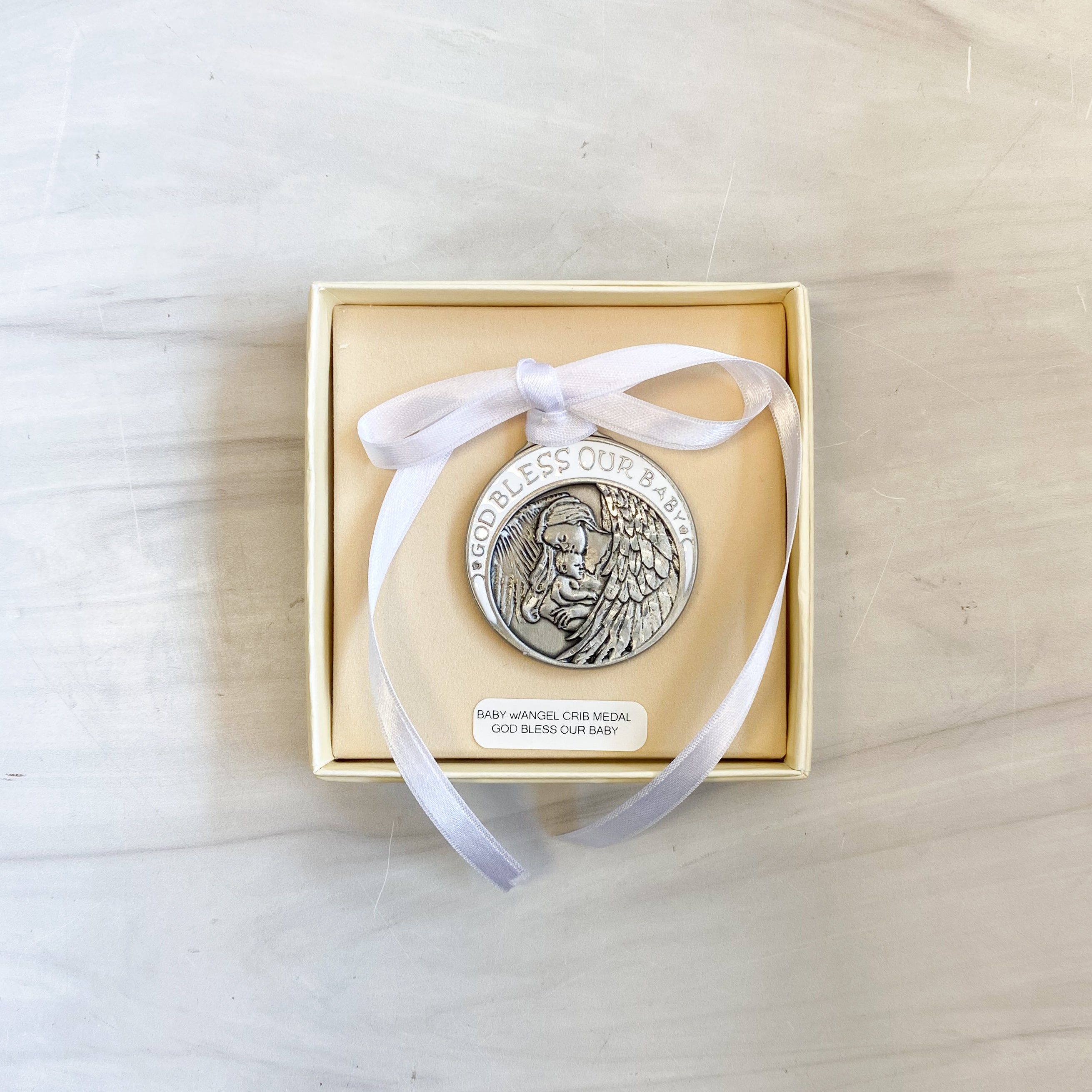 White Pewter Baby with Angel Crib Medal