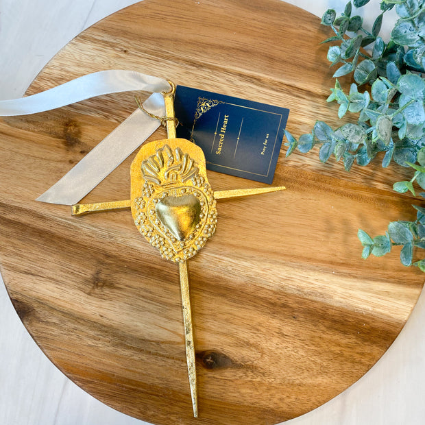 Gold Leaf Cross with Sacred Heart Intaglio