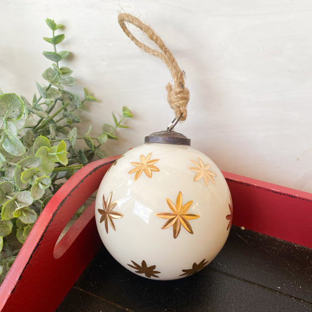 4" Ivory with Gold Star Etched Ball Ornament