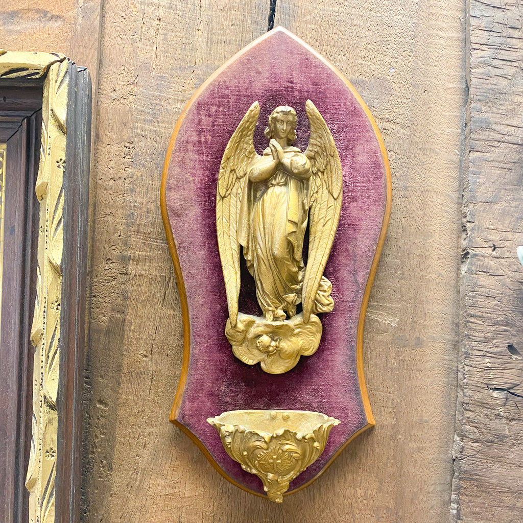 Antique Golden Angel on Maroon Plaque Water Font 6.5"x13"