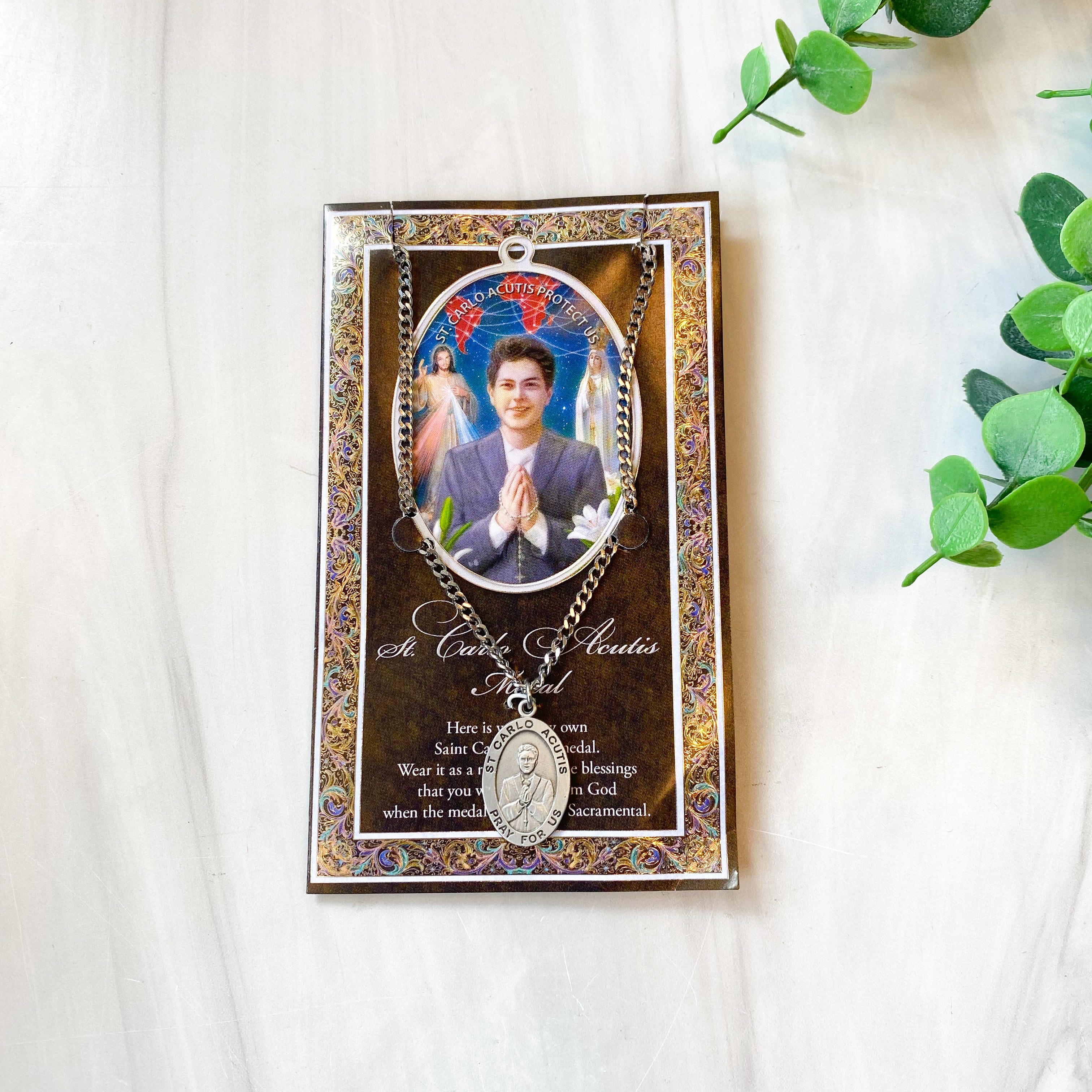 St. Carlo Acutis Genuine Pewter Medal on a 24"chain with Biography and Picture Folder
