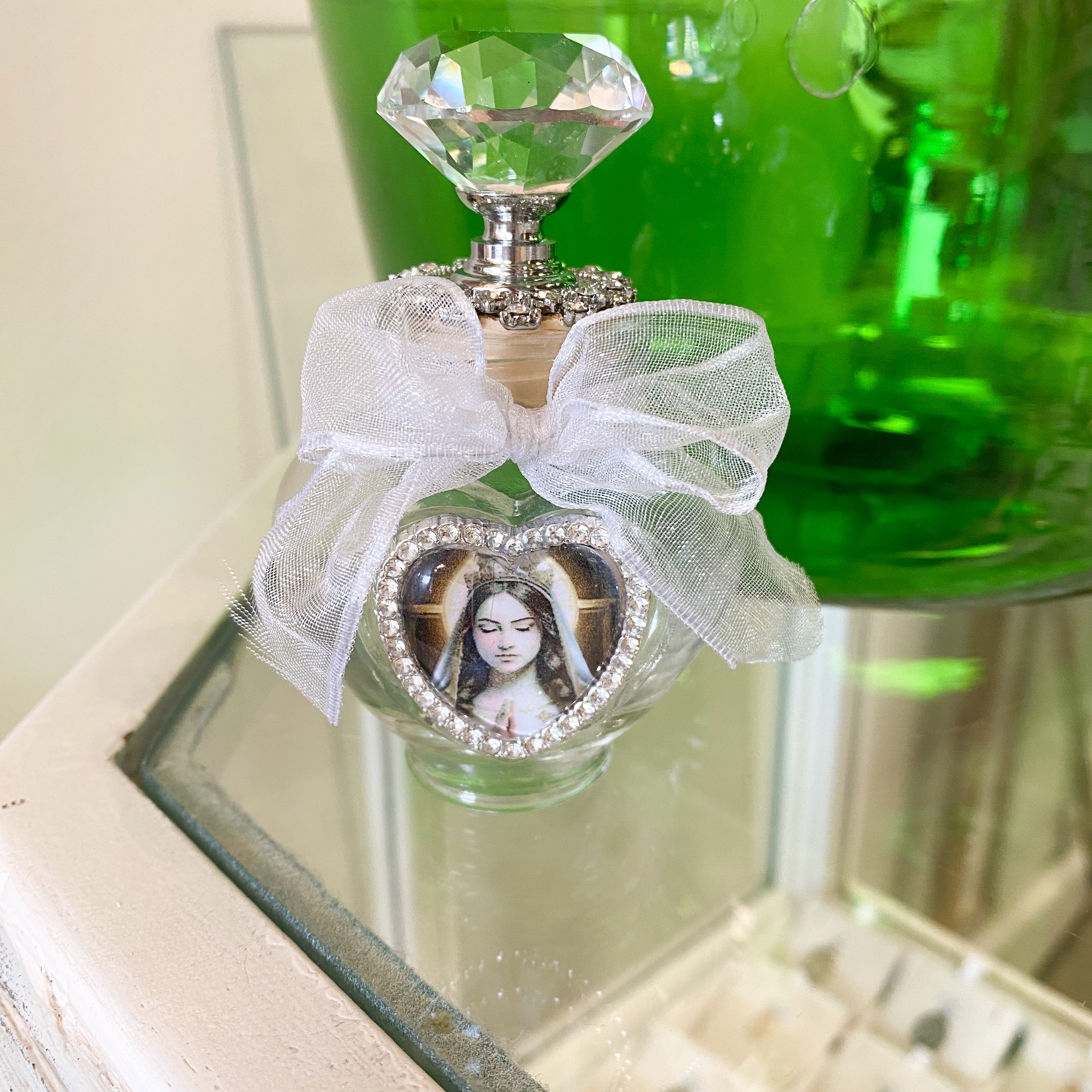 HWB24161 - Holy Water Bottle - Virgin Child, Petite Heart  Shape, Silver Accents