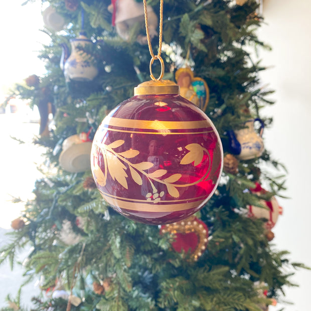 4"Rd Glass Ball Ornament w Botanicals, Red & Gold Finish