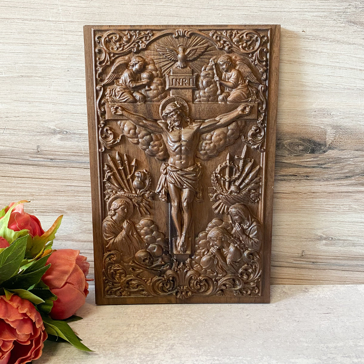 Crucifix with Mary, Angels Wooden Plaque apprx 6.5" x 9.8"