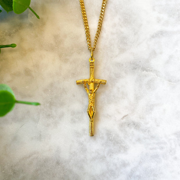 1.75" Papal Gold Finished Crucifix on a 24" Chain, Boxed