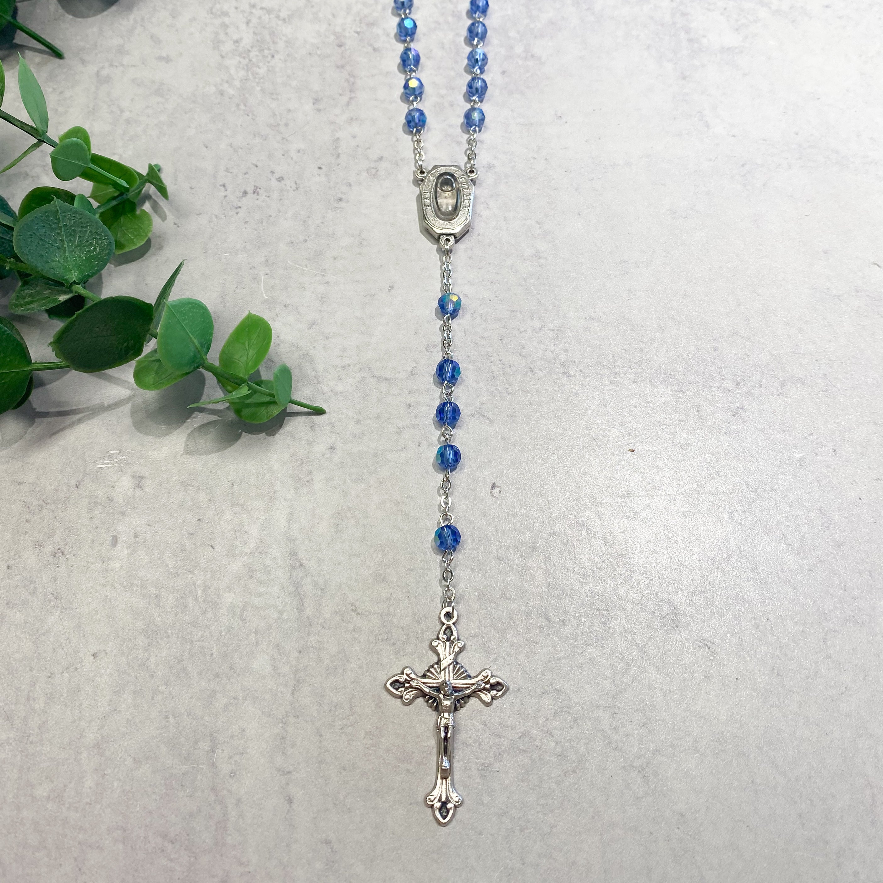 Blue Crystal Aurora Borealis Lourdes Water Rosary