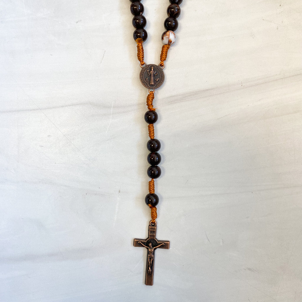 Marbleized Brown Bead Rosary with St. Benedict Crucifix