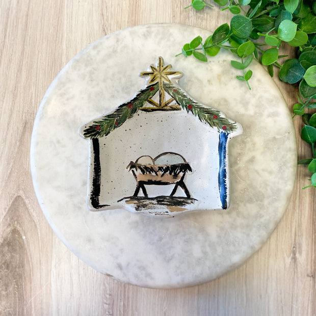 Stoneware Baby in a Manger Dish, Multi Color